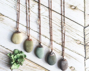 Beach pebble necklace | Raw stone necklace | Beach stone necklace | Pebble pendant on copper chain | Marthas Vineyard beach pebble necklace