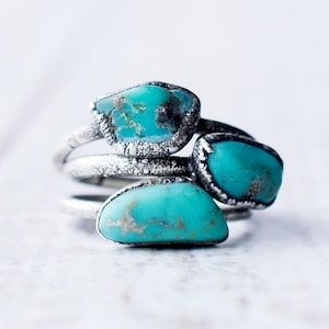 Oxidized silver turquoise ring Raw turquoise stacking ring Turquoise stone ring Nevada turquoise jewelry Organic stone jewelry image 1