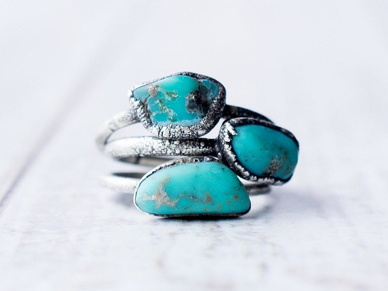 Oxidized silver turquoise ring Raw turquoise stacking ring Turquoise stone ring Nevada turquoise jewelry Organic stone jewelry image 1