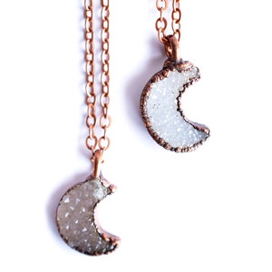 Druzy crystal moon necklace Electroformed druzy necklace Raw crystal necklace Dainty moon necklace Moon jewelry image 1