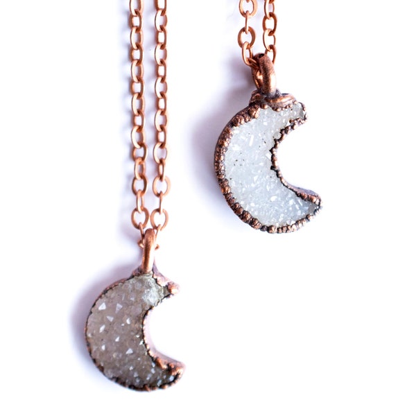 Druzy crystal moon necklace | Electroformed druzy necklace | Raw crystal necklace | Dainty moon necklace | Moon jewelry