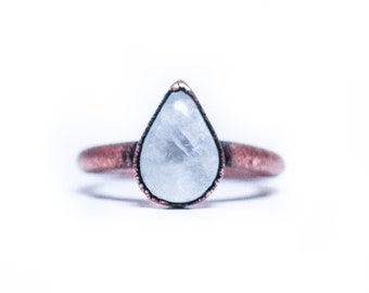 SALE Rainbow moonstone ring | Moonstone crystal ring | Moonstone teardrop ring | Electroformed mineral jewelry | Crystal teardrop jewelry