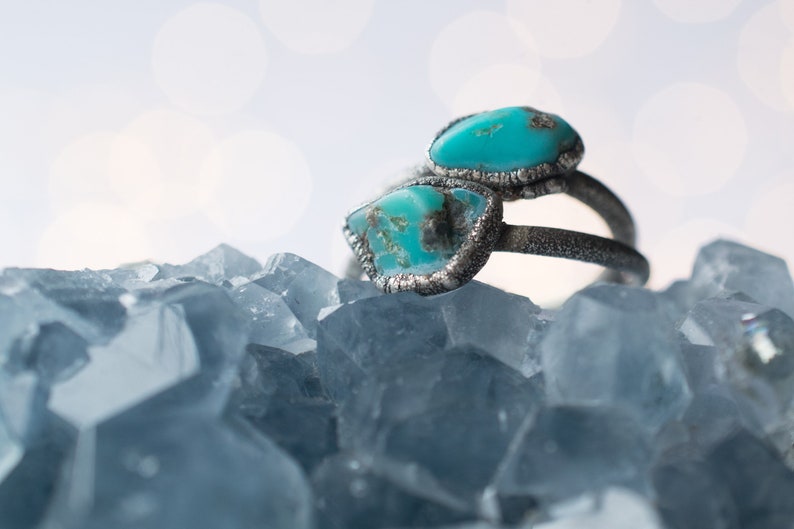 Oxidized silver turquoise ring Raw turquoise stacking ring Turquoise stone ring Nevada turquoise jewelry Organic stone jewelry image 4