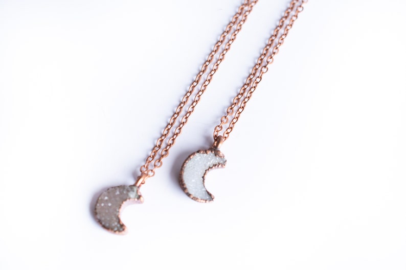 Druzy crystal moon necklace Electroformed druzy necklace Raw crystal necklace Dainty moon necklace Moon jewelry image 2