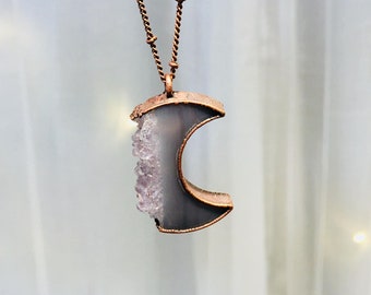 Crystal Moon Necklace | Druzy crystal necklace | Druzy Moon pendant |  Electroformed raw druzy necklace | Moon Jewelry | Moon Necklace
