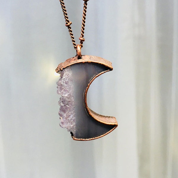 Crystal Moon Necklace | Druzy crystal necklace | Druzy Moon pendant |  Electroformed raw druzy necklace | Moon Jewelry | Moon Necklace