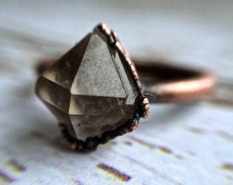 Raw crystal ring | anthraxolite quartz diamond ring | Electroformed copper crystal ring | Crystal quartz ring | Rock quartz crystal ring