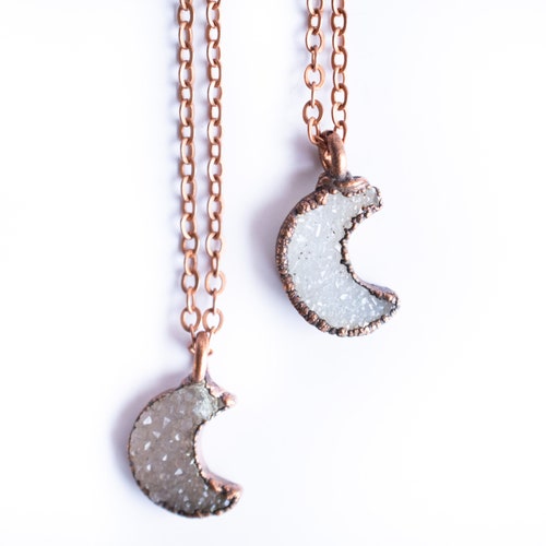 Druzy Crystal Moon Necklace Electroformed Druzy Necklace Etsy