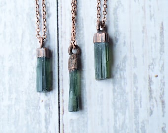 Raw tourmaline necklace | Green tourmaline crystal necklace | Electroformed tourmaline necklace | Raw tourmaline jewelry