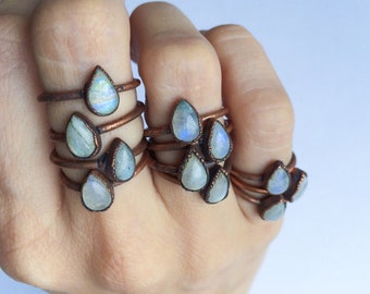Rainbow moonstone ring | Simple stone stacking ring | Tiny moonstone stacking ring | Electroformed mineral jewelry | Organic stone jewelry