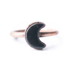 Schwarzer Obsidian Ring | Obsidian Mond Ring | Kupfer und natürlicher Obsidian Schmuck | Rohstein Ring | Obsidian Ring