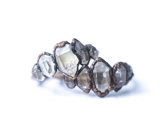 Anello multi pietra / Anello di cristallo grezzo / Anello di diamante Herkimer / Anello di cristallo di rame elettroformato / Anello di quarzo di cristallo