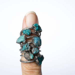 Oxidized silver turquoise ring Raw turquoise stacking ring Turquoise stone ring Nevada turquoise jewelry Organic stone jewelry image 5
