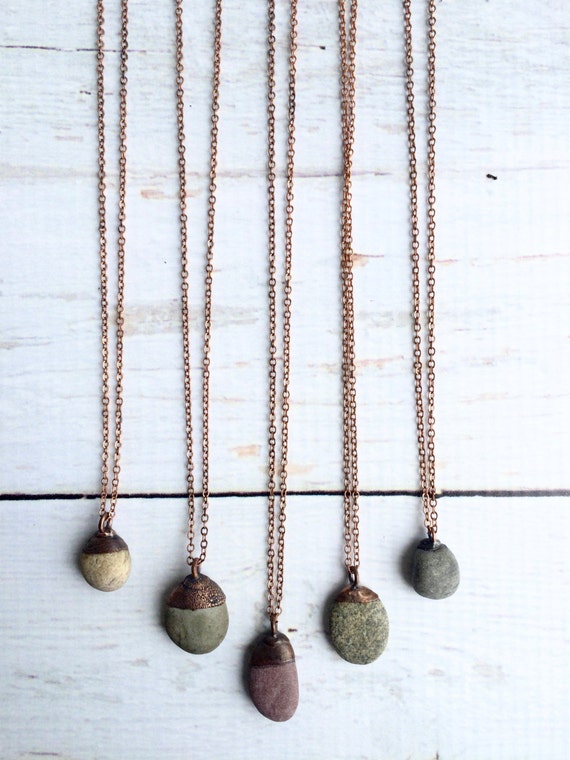 Beach Pebble Necklace Copper Necklace Raw Stone Pendant Electroformed Jewelry