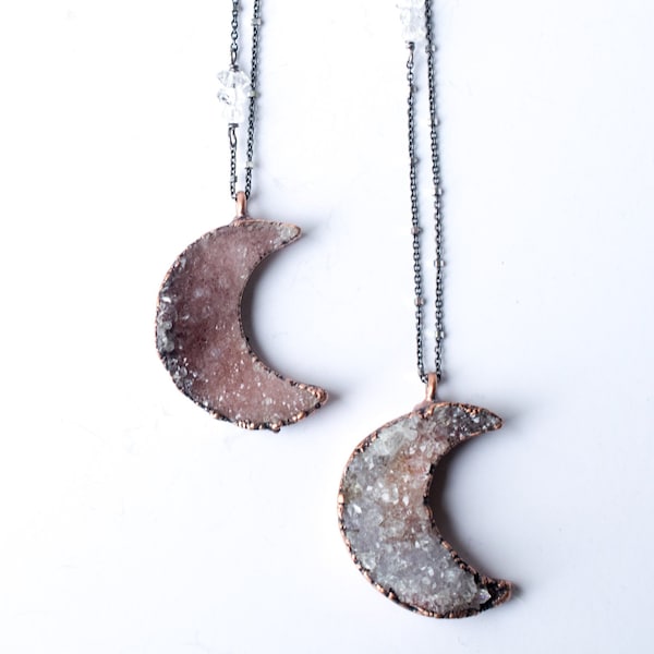 Druzy Moon Necklace | Crescent Moon Necklace | Druzy crystal necklace | Electroformed raw druzy necklace | Raw crystal | Moon Jewelry