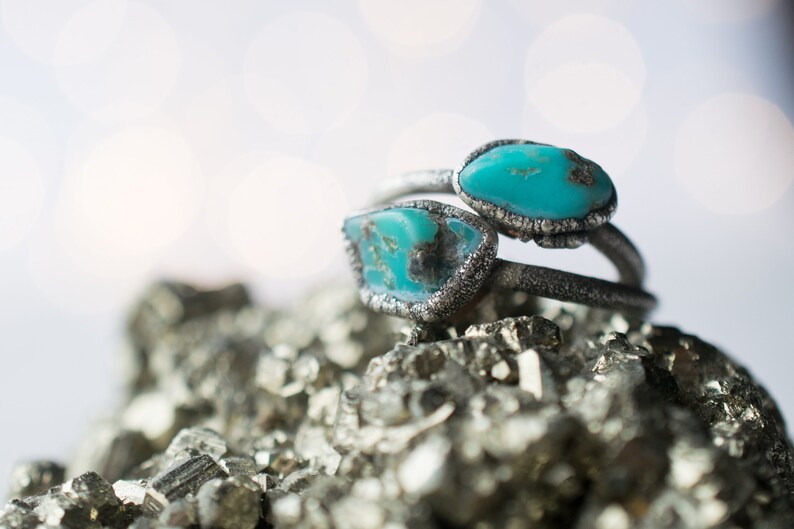 Oxidized silver turquoise ring Raw turquoise stacking ring Turquoise stone ring Nevada turquoise jewelry Organic stone jewelry image 2