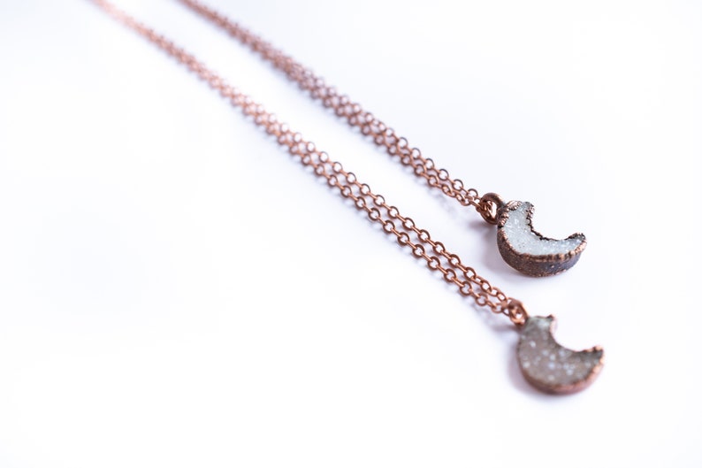 Druzy crystal moon necklace Electroformed druzy necklace Raw crystal necklace Dainty moon necklace Moon jewelry image 4