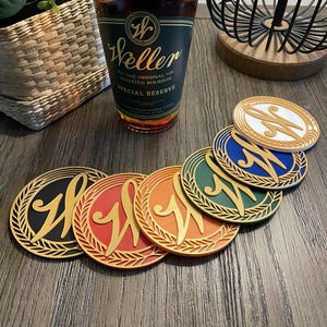 3D Printed Weller Drink Coaster Set with Holder – 6 Unique Colors – Bourbon Whiskey Bar Accessories – Made to Order Gift