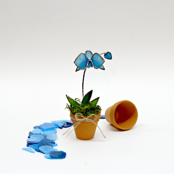 Glasmalerei Orchid Suncatcher, blau, Home Decor, Gastgeberin Geschenk, Lehrer Geschenk, Co-Worker Geschenk, Weihnachtsgeschenk, einmaliges Geschenk