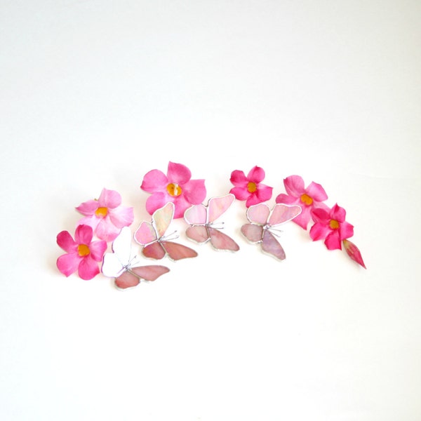 Stain Glass Nature, Stunning Iridescent Pink Stain Glass Butterfly Suncatchers, 4  Light Pink Butterfly's, Handmade,  3d,