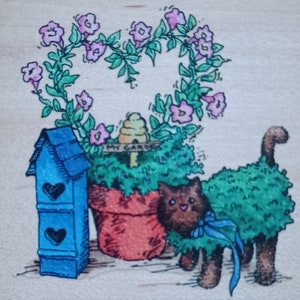 Topiary Kitty - Adorabile gattino - Timbro in gomma vintage montato su legno di Stampendous 1997 Q067