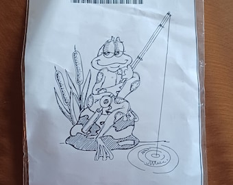 Frog Fishing Unmounted Large Rubber Stamp by Rubbernecker 66-11