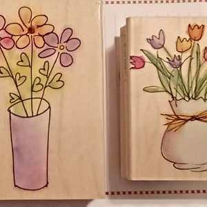 2 disegni artistici di Hero Arts, schizzo di tulipani primaverili e timbro di gomma floreale montato su legno con motivo floreale, raro timbro vintage HTF H2965 e H2819