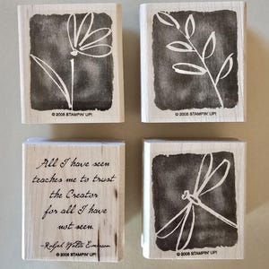 Conjunto de 4 carimbos de borracha montados em madeira Aqua All I Have Seed Stampin' Up totalmente descontinuado em 2005 Nature Creation Religious Spiritual Emerson