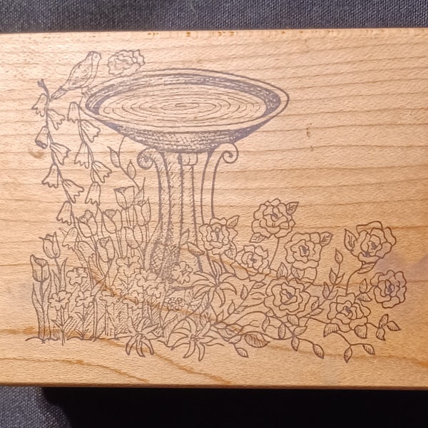 Bird Bath Garden Scene Medium Vintage Wood Mounted Rubber Stamp  by Great Impressions G43