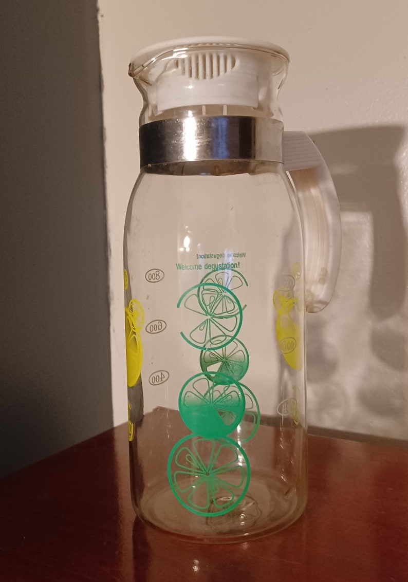 Wellcome Pitcher Vintage Lemon Lime Yellow Green Clear Glass Lidded Pitcher Carafe 1 ...