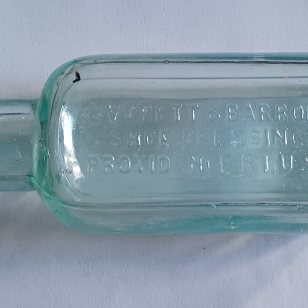 Everett & Barrons Shoe Dressing rare 1895 Aqua air bubbles Antique Glass Bottle 5"