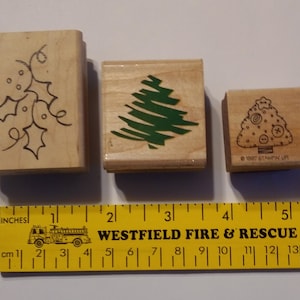 Christmas Holly and Tree lot Wood Mounted Rubber Stamp Rare vintage Rubber Stampede Denami Stampin Up