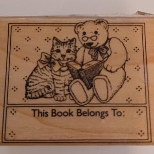 Katze Bär mit Brille lesen dieses Buch BelongsToBookplate Holz montiert Stempel von Hero Arts 1985 ultra rare HTF