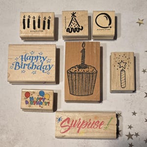 Velas de cupcake de aniversário Lote de 8 carimbos de borracha montados em madeira por Stampin' UpAzad Earles Rubber Stampede Hero Arts