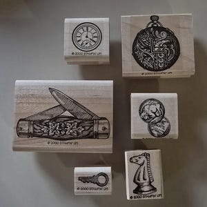 Lot de 6 tampons en caoutchouc sur bois pour la fête des pères Papa's Pocket par Stampin' Up Fin de série 2000 Montre de poche pour papa pour homme