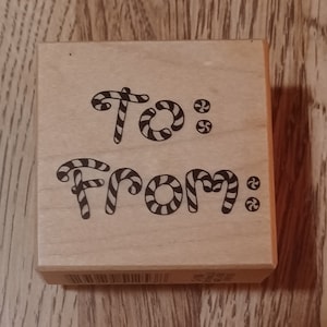 PSX To From Candy Cane Christmas Wood Mounted Rubber Stamp zeldzame vintage kerststempel D343 C714 1988-9