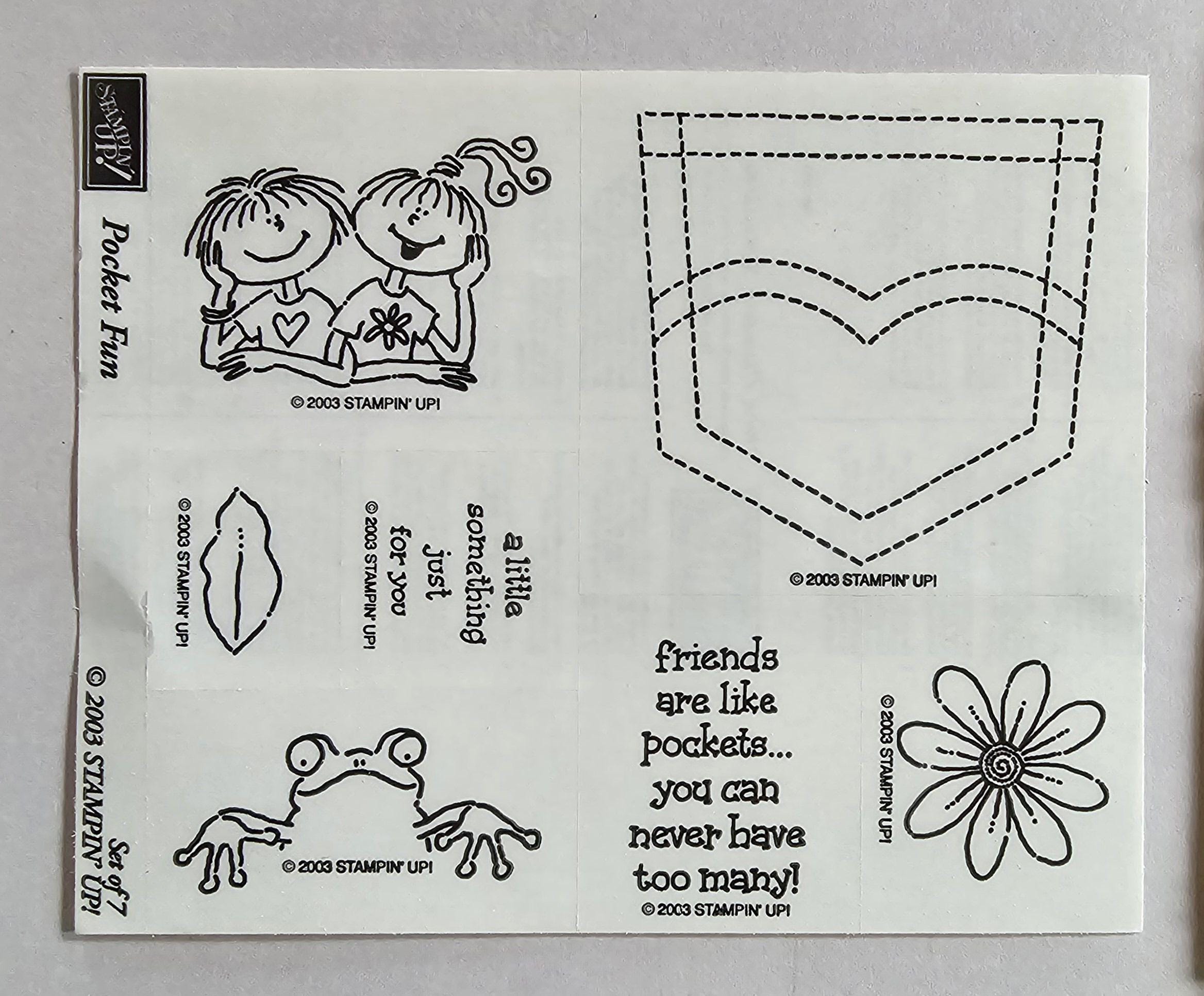 Pocket of Fun Set of 7 Wood Mounted Rubber Stamps by Stampin' Up complete discontinued 2003 kids jeans pocket