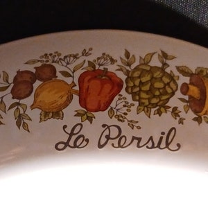 Puede incluir: Plato de cerámica blanco con un diseño floral marrón, verde, amarillo y rojo con verduras y el texto "Le Persil".