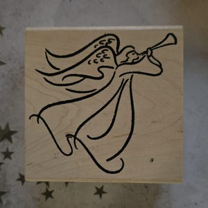 Timbro in gomma montato su legno con schizzo di angelo stilizzato di Denami Design, raro timbro vintage del 1997 HTF religioso natalizio cristiano
