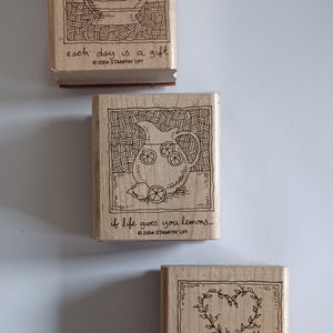 vintage 3 tampons en caoutchouc montés sur bois par Stampin' Up 2004 lot limonade