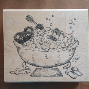 Timbro in gomma montato su legno extra large con orsetto da bagno con schiuma, raro timbro vintage di The Merry Stamper HTF