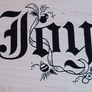 Sello de goma montado en madera Joy Christmas Medium Old English Font de Stampington & Company, cosecha rara de 1995