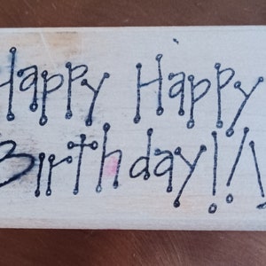 "Happy Happy Birthday Spruch ""Happy Birthday"" Stempel mit Holzrahmen von T. Comstock Crate stamp rare vintage 6040."