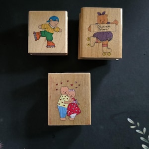 3 Teddy Bear Wood Mounted Rubber Stamps Rollerblading  Lot Dakin Noteworthy Hero Arts Vintage Cute Lot