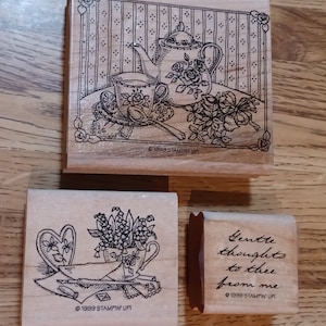 Juego de sellos de goma montados en madera Gentle Thoughts de Stampin' Up 1999 tea time htf vintage