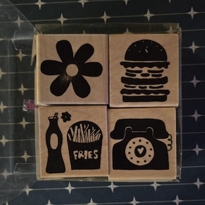 Diner Themed Lot of 4 Vintage Wood Mounted Rubber Stamps Close to My Heart Double Decker Hamburger Soda Fries Daisy Telephone