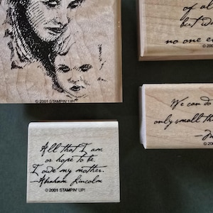 Set di 4 timbri in gomma montati su legno per la mamma e il bambino di Stampin' Up, completamente fuori produzione, 2001, famiglia di Madre Teresa