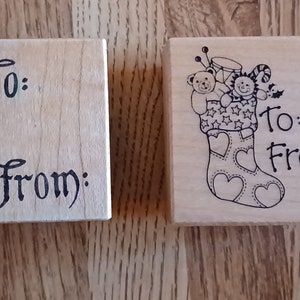 2 PSX Da Calza della Befana Cuori e Giocattoli e Timbro in Gomma Montato su Legno con Scrittura Corsiva raro francobollo d'epoca Natale D343 C714 1988-9