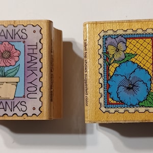 Selos postais "Thanks and Pansy" da Hero Arts Vintage 1994-95, conjunto de carimbos de borracha montados em madeira