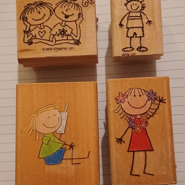 4 Stick Figure Kids children child memory Wood Mounted Rubber Stamps Currated Lot Creative Beginnings and Pocket Fun Stampin Up